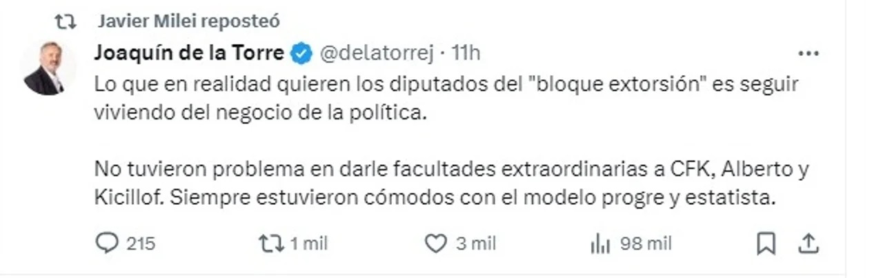 Lee más sobre el artículo La reacción de Milei en redes tras la reunión de Francos con gobernadores